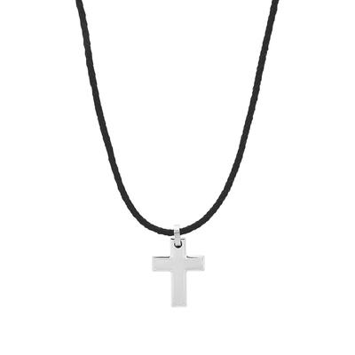 Kette mit Anhänger TOM TAILOR "Schmuck Geschenk Edelstahl Leder Kreuz", silber (silberfarben, schwarz), Halsketten, Jungen, Edelstahl Leder, L: 43 B: 2,5mm, Edelstahl, Leder, B:2,5mm