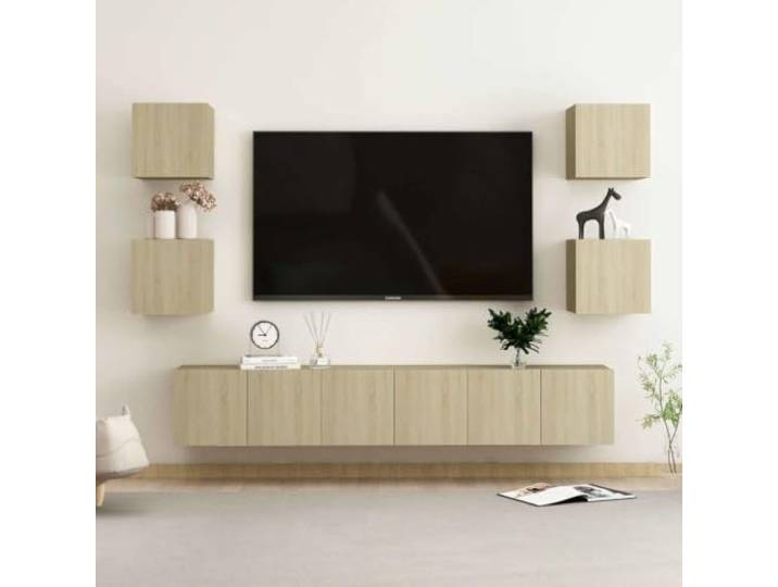 HEFZGDB 7-TLG. TV-Schrank-Set Sonoma-Eiche Holzwerkstoff mit Wandmontage und reichlich Staufächern für Bücher und Medien