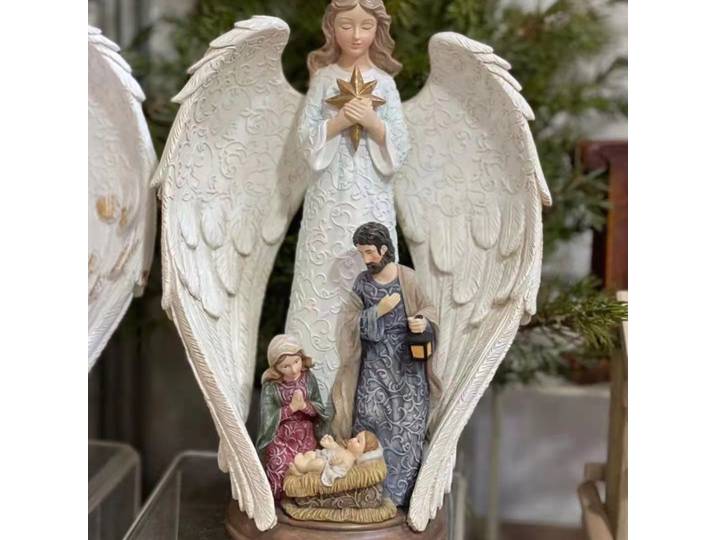 Scène de la nativité sculptée, poupée peinte à la main, ailes d'ange, personnage de la série de la nativité familiale, décoration de la maison, cadeau de noël