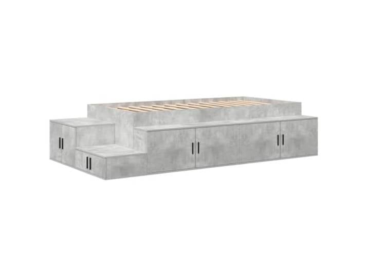 PUGYNBK Bett mit Aufbewahrung, mit Regal, Grau, Beton, 75 cm Kiefer massiv, Tür mit Scharnier, Lattenboden, einfache Reinigung