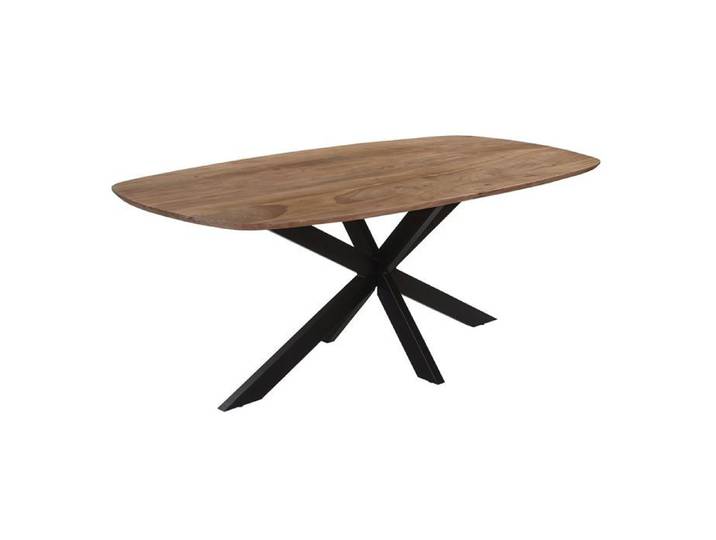 ROMANE - Table Repas 200cm Plateau Ovale en Acacia Massif Pieds Métal Noir