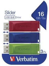 Verbatim Slider USB-stick 16GB 3-pack Rood Blauw Groen