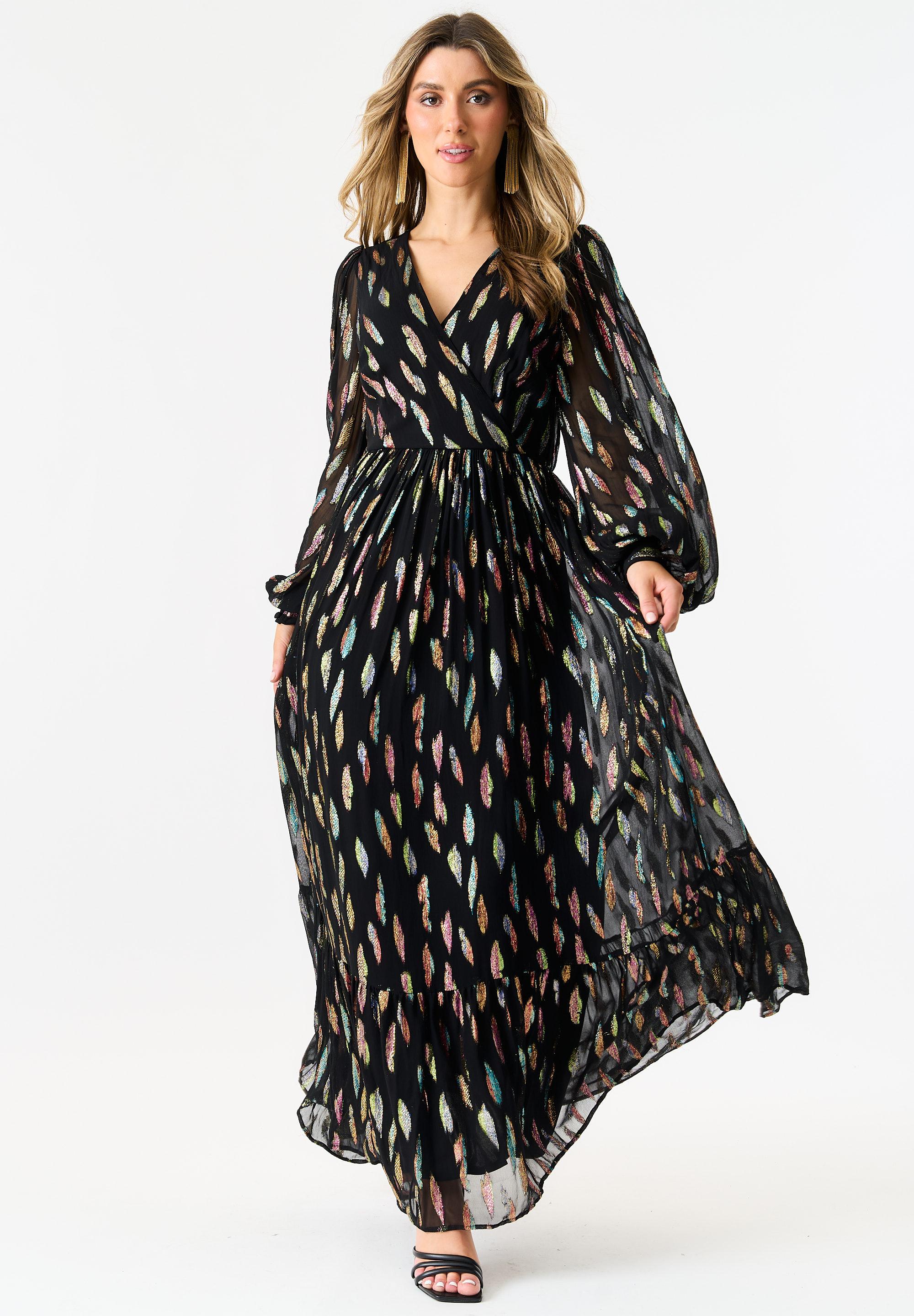 Metallic-Druck Maxikleid mit vollen Ärmeln