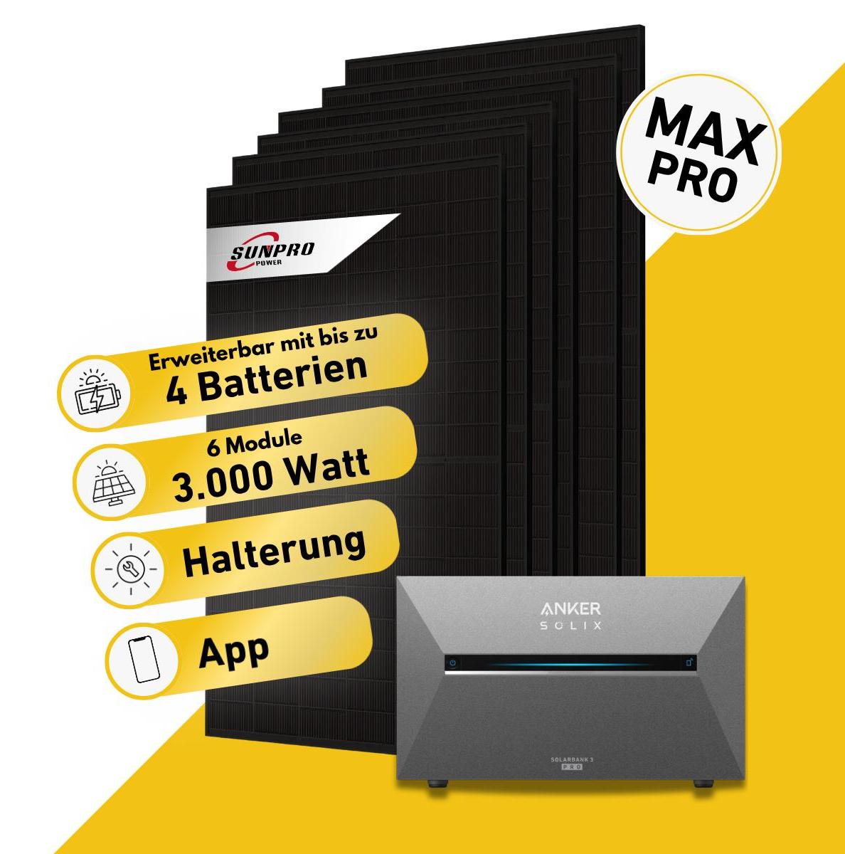 Balkonstrom Balkonkraftwerk 3000W Solaranlage mit Speicher | 6xSolarmodul Bifazial | Anker Solix 3 Pro | Kabel 3m