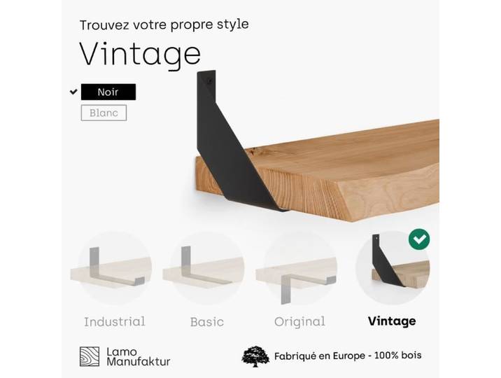 LAMO Manufaktur Étagère murale avec supports en V noirs Etagere murale 60cm Couleur: rustique Bord: naturel