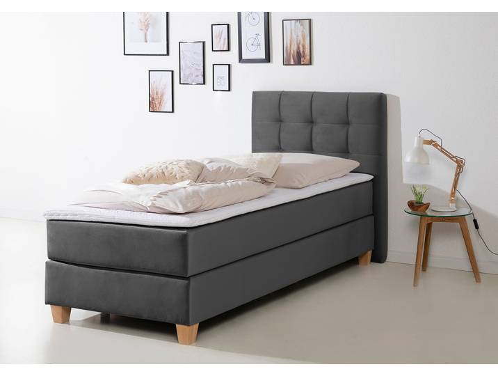 Boxspringbett, Samtstoff, Anthrazit, 104×211 cm, Inkl. Topper & 3 Härtegrade, Klassisch, Home-affaire