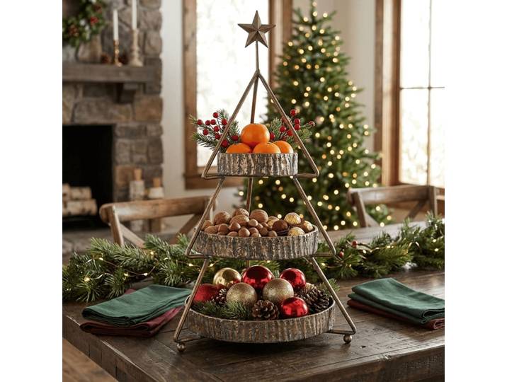 Corbeille à fruits sapin de noël en acier doré 43x43x79 cm