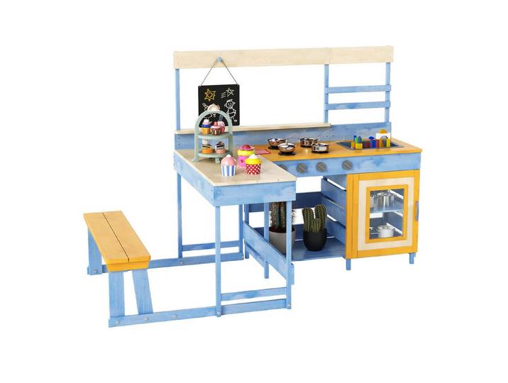 COSTWAY Outdoor-Spielküche Holz, Kinderküche Holz mit Bank, Tafel, Zubehör