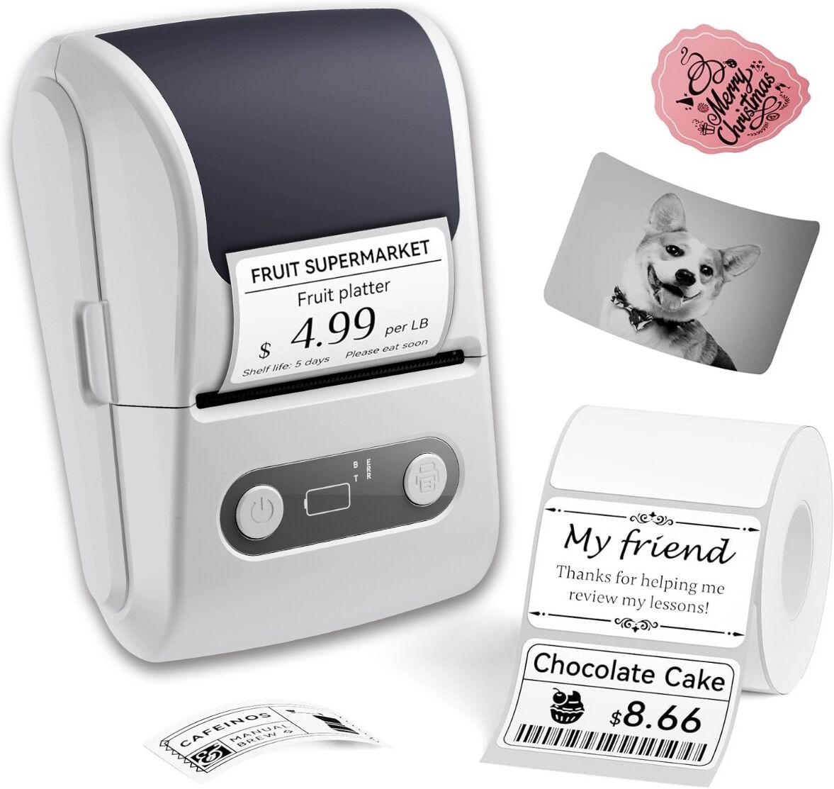 INF Thermischer Bluetooth-Etikettendrucker mit 6 Rollen, Type-C, 203DPI, kompatibel mit Android und Apple Weiß