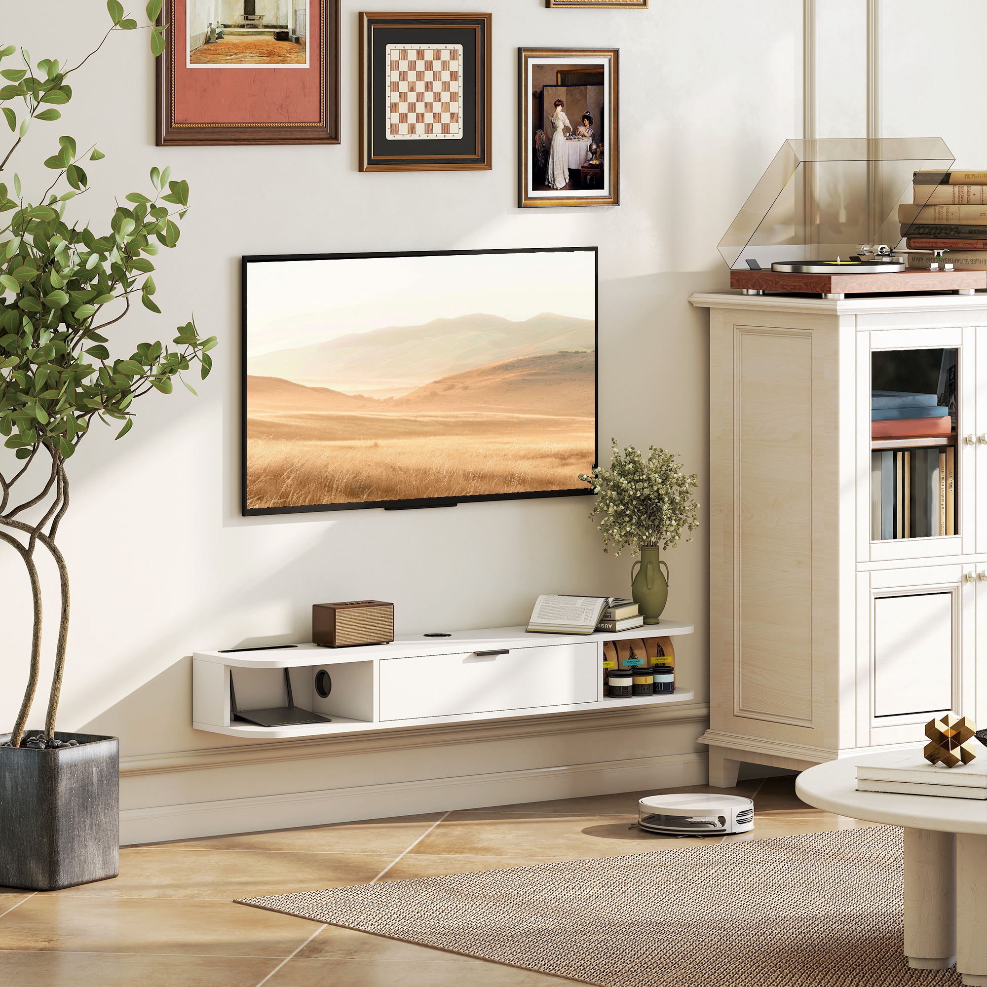 Homcom Mobile TV sospeso, per televisori fino a 127 cm, cassetto ribaltabile, 2 ripiani 120x24x16cm, Bianco   Aosom Italy