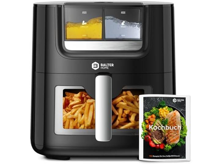 Balter Heißluftfritteuse Airfryer mit Öl- & Wasser-Spray Funktion für extra knusprige Speisen, 7,2L XXL, Heissluftfriteuse mit Sichtfenster, 10 Programme, Air Fryer, inkl. 100 Rezepte, HL-710