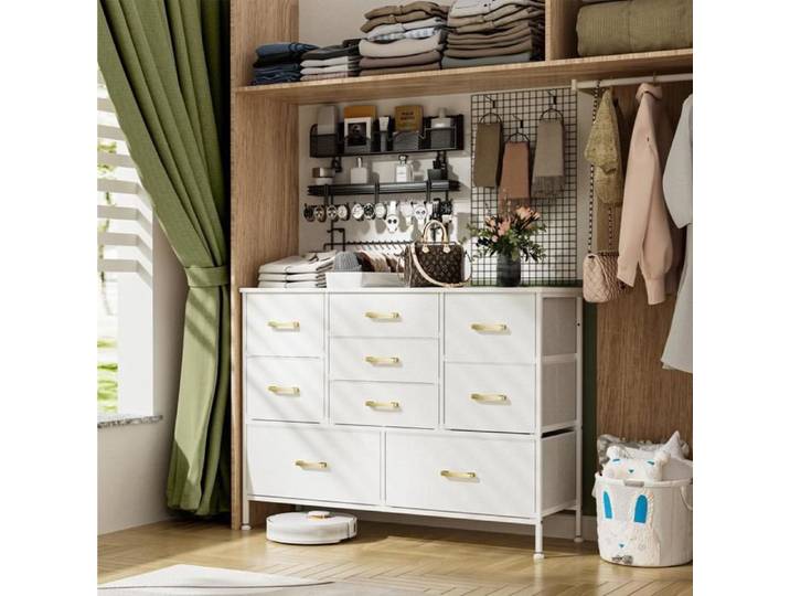 VIVOLILV Commode chambre en tissu Style Scandinave Meuble de rangement avec 9 tiroirs Blanc 109x34x80 cm