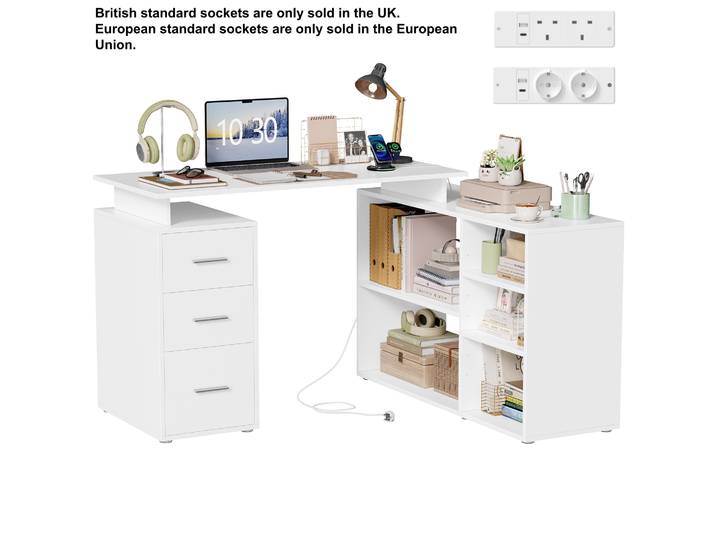 Getone Bureau avec Rangement avec prise Bureau d'angle en Forme de L bureau blanc Bureau d'ordinateur avec Tiroirs Étagères de Rangement en Bois 129x104x76cm