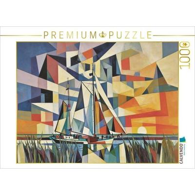 CALVENDO Puzzle Plattboden-Zweimaster vor untergehender Sonne | 1000 Teile Lege-Größe 64x48cm Foto-Puzzle für glückliche Stunden