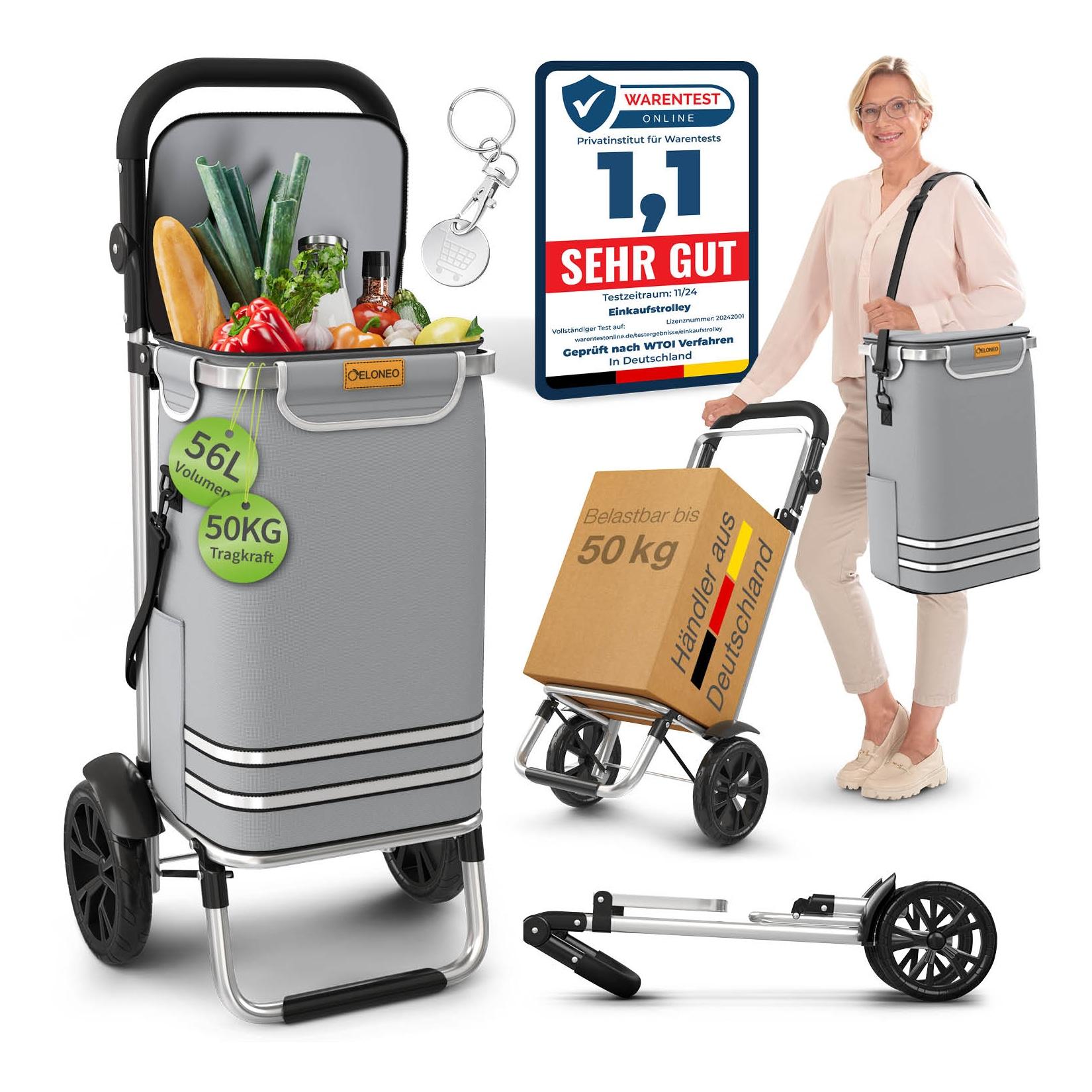 ELONEO Einkaufstrolley klappbar, Einkaufswagen mit Kühlfach, 3in1 Trolley, Shopping Trolley 56L & Umhängetasche - Grau