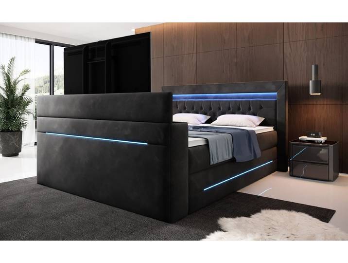 Boxspringbett Pluto mit TV Lift, RGB und Stauraum - 180x200 - Schwarz - H4 (100kg+) - Luxusbetten24