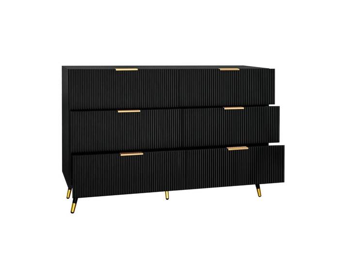 Modfu Kommode 120x40x77 cm Schwarz mit 6 Schubladen, Wellenfront und goldfarbenen Griffen und Beinen, 120x77x40 cm, Kleinmöbel, Kommoden, Kommoden