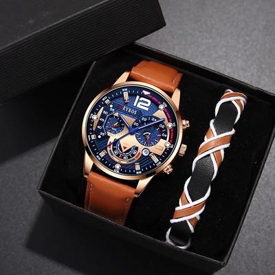USA Free Shipping Shop Prestige Mens Quartz Watch & Bracelet Set With Calendar Brown Leather Business Casual Watch Prestige Mens Quartz Watch & Bracelet Set With Calendar Brown Leather Business Casual Watch