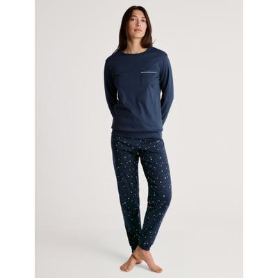 Schlafanzug CALIDA "Sweet Dreams", Damen, Gr. S (40/42), Interlock, blau (peacoat blau), Interlock, Obermaterial: 100% Baumwolle, bequem lang, Rundhals, angesetztes Bündchen, Homewear-Sets Schlafanzug, Langarm, Rundhals, Interlock-Qualität, weich,...