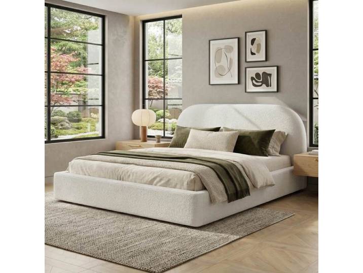 Lit double capitonné - LEMONBEST - Coins Arrondis - 180x200 cm - Bouclé beige - Sommier à lattes