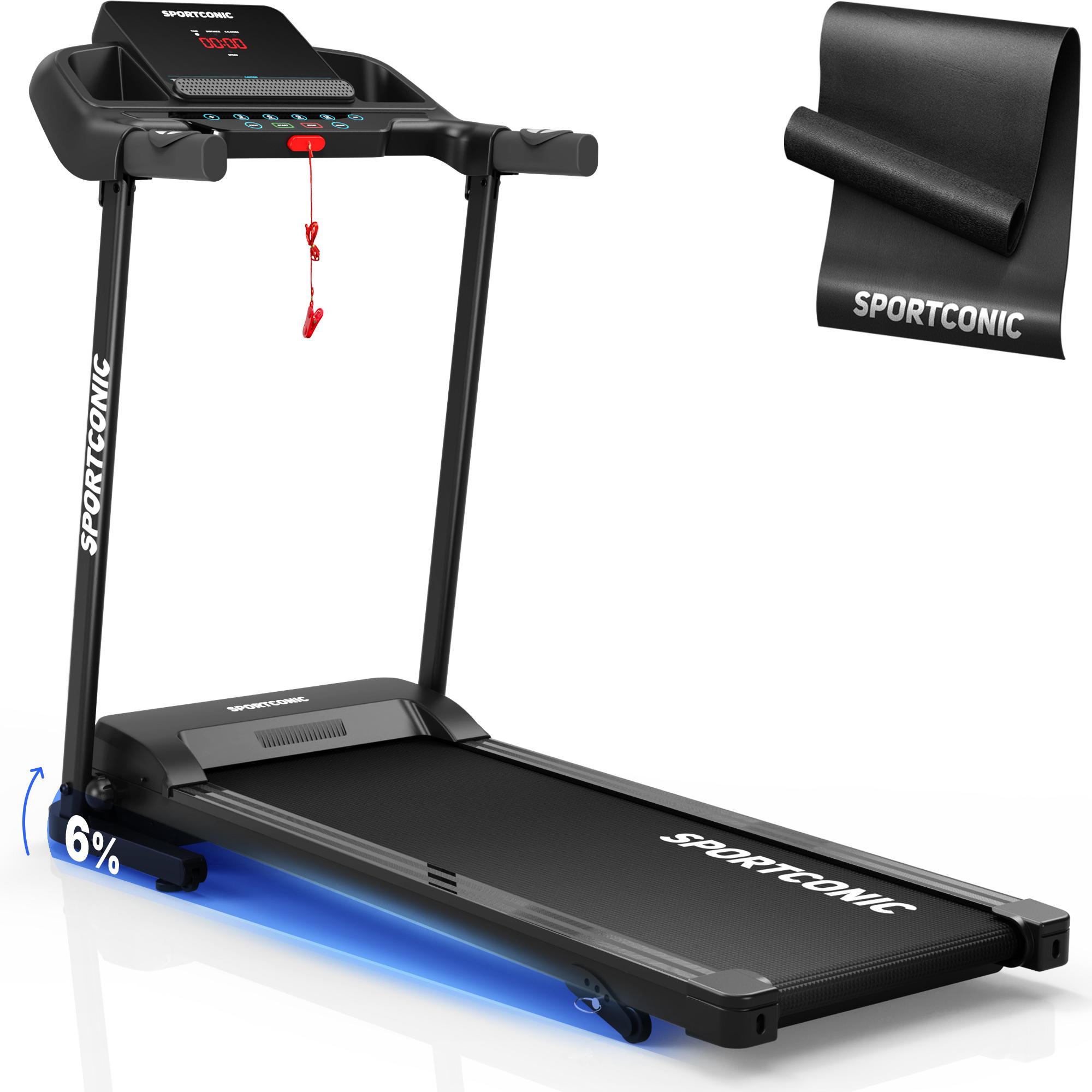 Sportconic Elektrisches Laufband klappbar 12 km/h, Steigung, 12 Programme, LED-Display & Pulsmesser, leise & kompakt, Schutzmatte