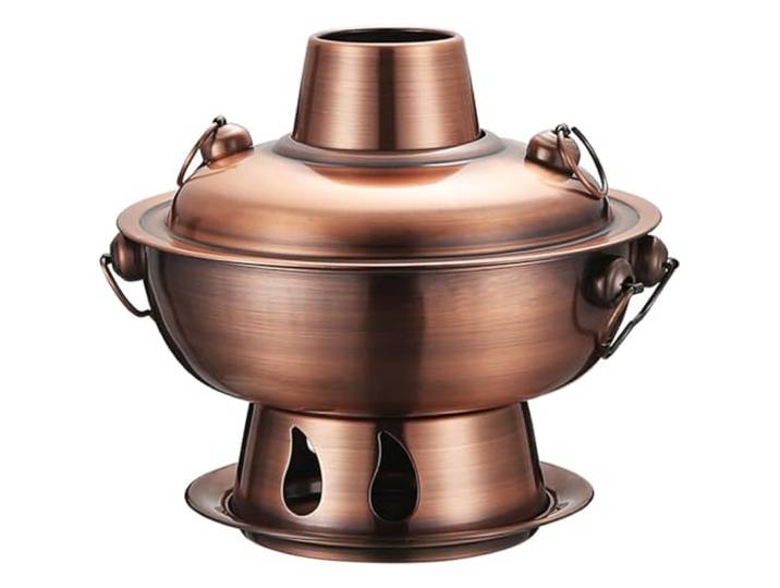 SYLUOQP Chinesischer Kupfer-Hotpot for den Außenbereich mit Deckel Altbewährtes Pekinger Holzkohle-Kupfer-Hotpot-Design, geteiltes Design, leicht zu reinigendes Kochgeschirr for Küche(Brass)