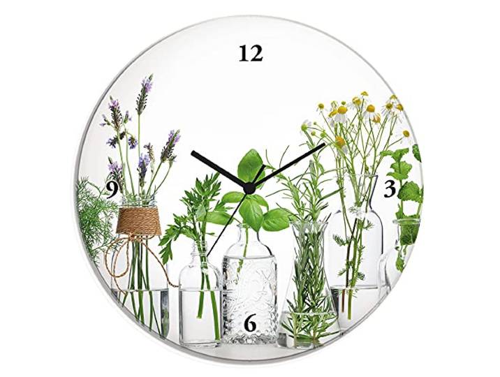 ARTLAND Wanddeko Wanduhr ohne Tickgeräusche Glas Quarzuhr Ø 30 cm Rund Lautlos Küche Kräuter Gewürze Skandinavisch Landhausstil H9KE