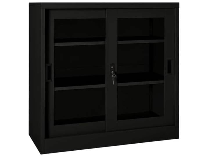 HPUYRFG Schrank mit Schiebetür Schwarz 90x40x90 cm Stahl mit 2 Einlegeböden Stahl und gehärtetes Glas, Schiebetür, Schloss, 2 Einlegeböden, für Akten, platzsparend