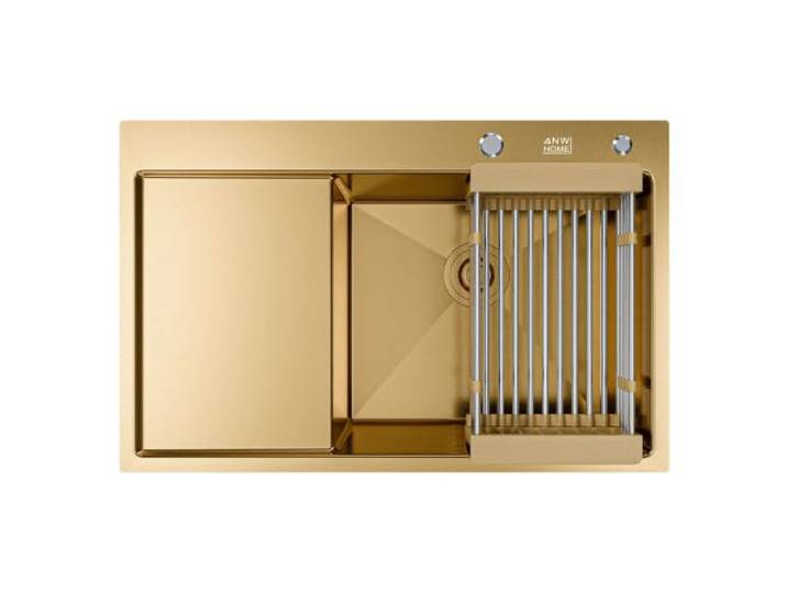 ANW HOME Spülbecken Küche 1 Becken 78x50 cm, Gold Einbau, Mit Abtropffläche, Nano-Beschichtung, Stärke 3,0+1 mm