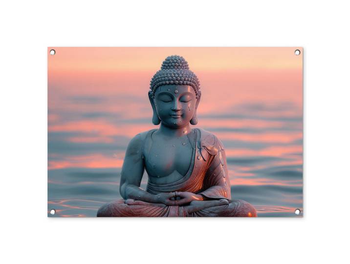 OnlyWow Gartenposter - Buddha - Statue - Buddha - Wasser - Kunst - Buddha - 90x60 cm, Blaugrau, Kunststoff, Rechteckig, 90x60x0.2 cm, Bilder & Rahmen, Bilder, Wandbilder