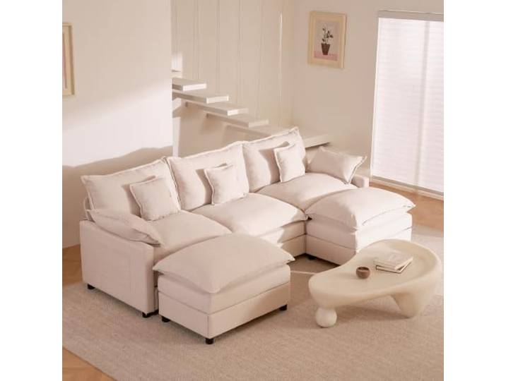 Litbird U-förmiges modulares Sofa 3-Sitzer Ecksofa mit Hocker, tiefes Sitzdesign, Cloud Couch für Wohnzimmer(Beige)