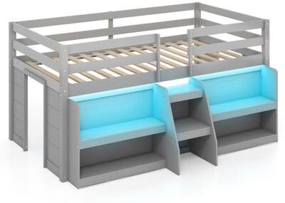 Costway Twin Size Loft Bed with LED Lights with Staircase and Safety Guardrail-Gray