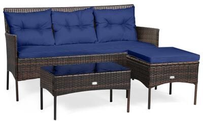 Costway 3 Pieces Patio Furniture Sectional Set with 5 Cozy Cushions-Navy