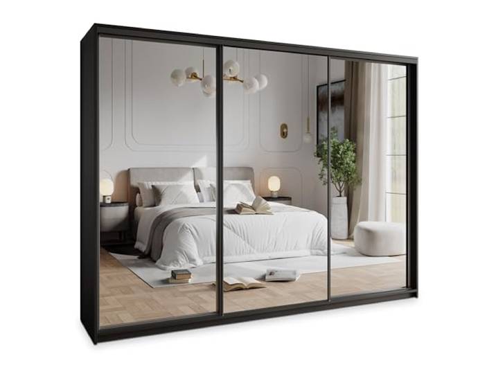 Masseno Schwebetürenschrank Rien 250/205/60 cm Kleiderschrank mit 4 Schubladen Schlafzimmer Schiebetürenschrank 3-türig mit Spiegel Schwarz