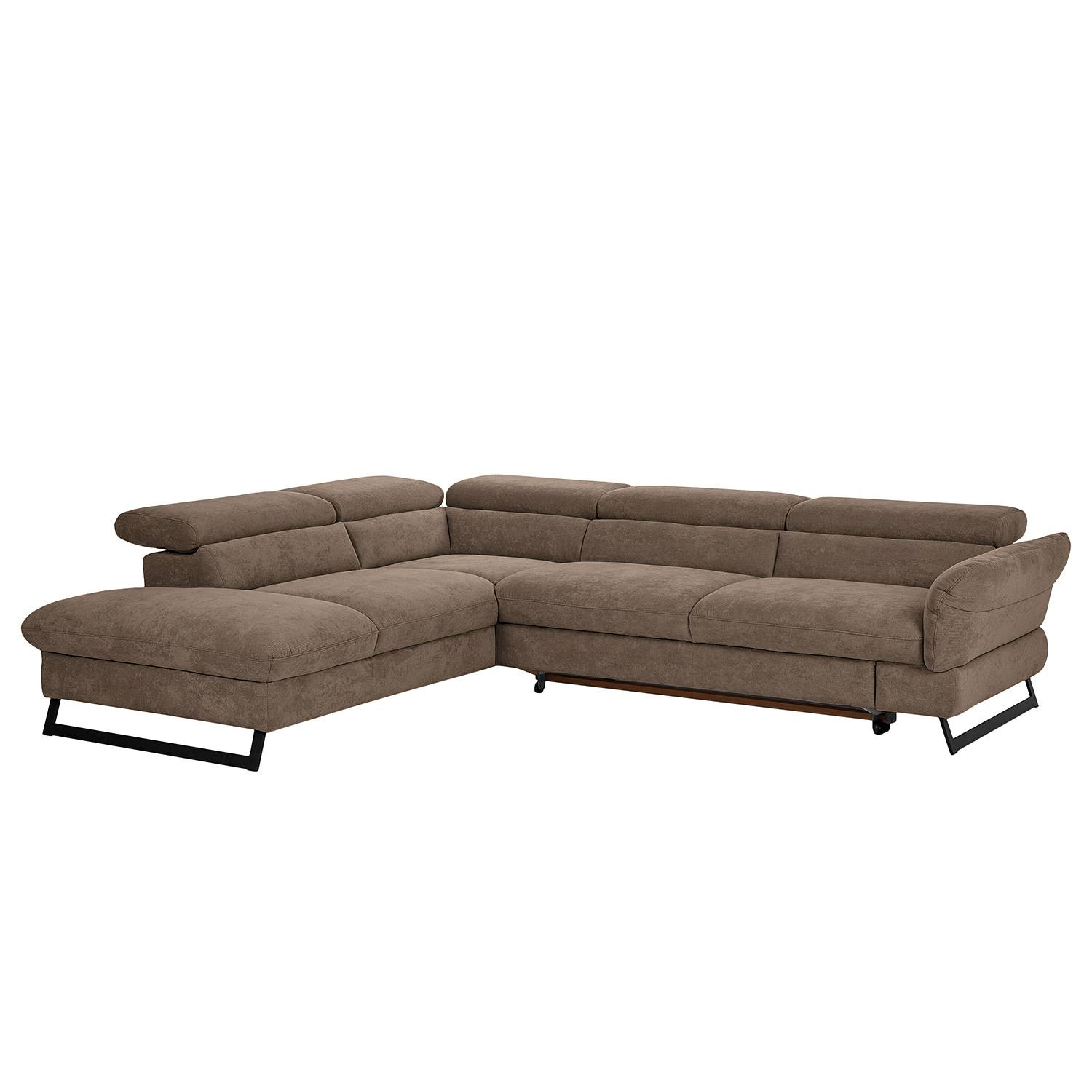 home24 Hoekbank Manson Bruin/Taupe Microvezel met Slaapfunctie en Ottoman, Links, 283 x 69 cm