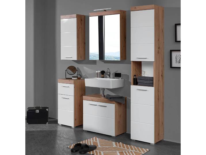 Waschbeckenunterschrank Amanda 60 x 56 x 34cm Braun/Weiß/Hochglanz Weiß/Asteiche Dekor