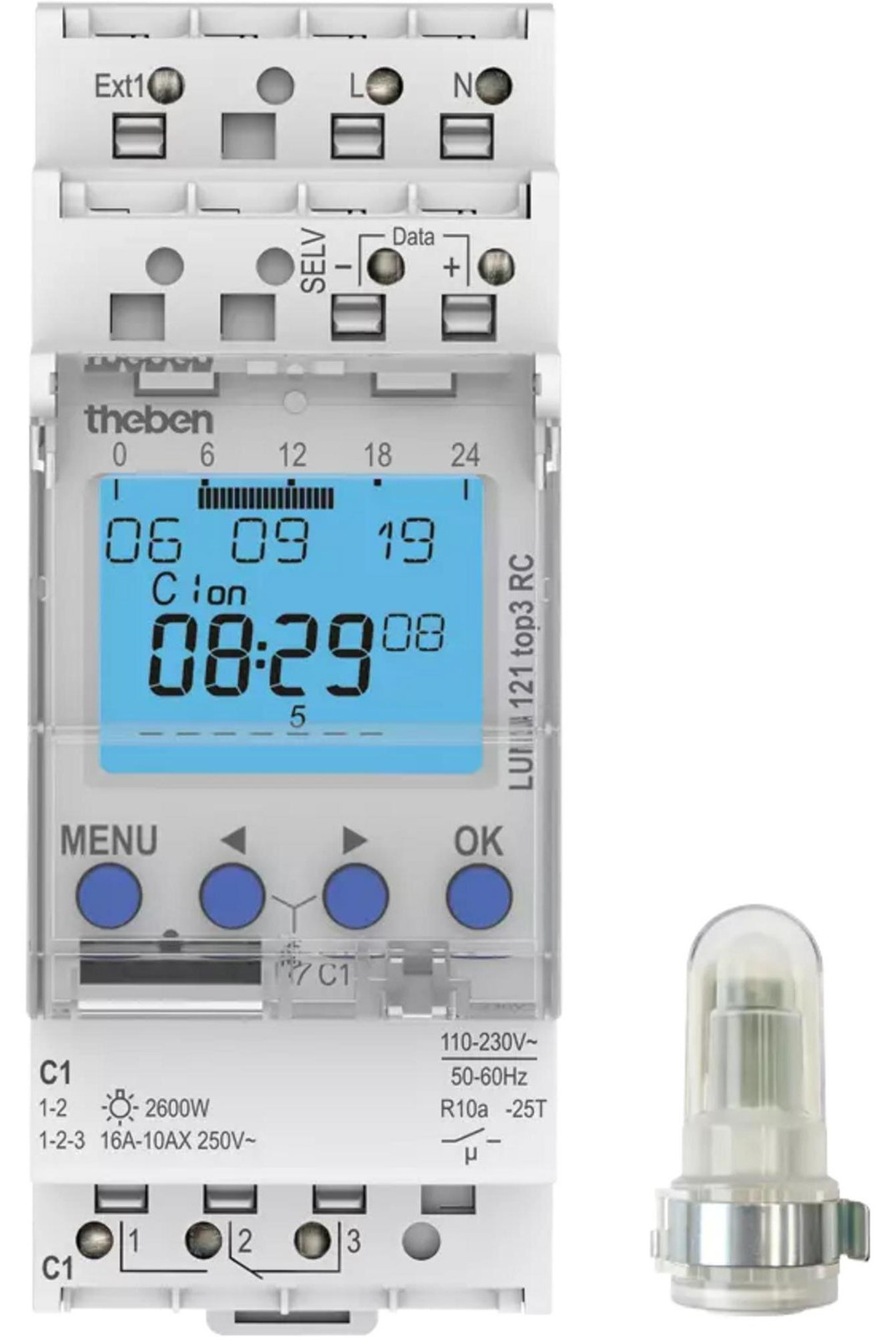 Theben Schemerschakelaar LUNA121top3RCAL met inbouw lichtsensor, 1-99000 lux, 24 uur/7 dagen, 1K