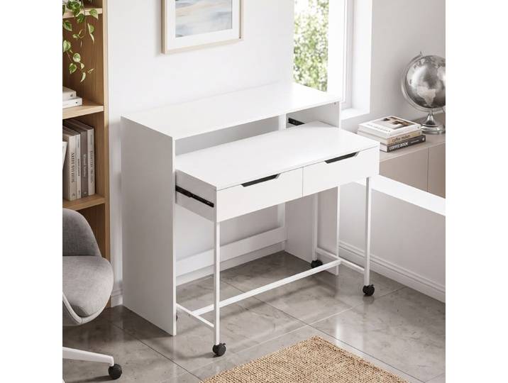 Bureau d'Ordinateur Extensible 100 cm avec 2 Tiroirs Bureau avec Rangement Style Moderne Blanc