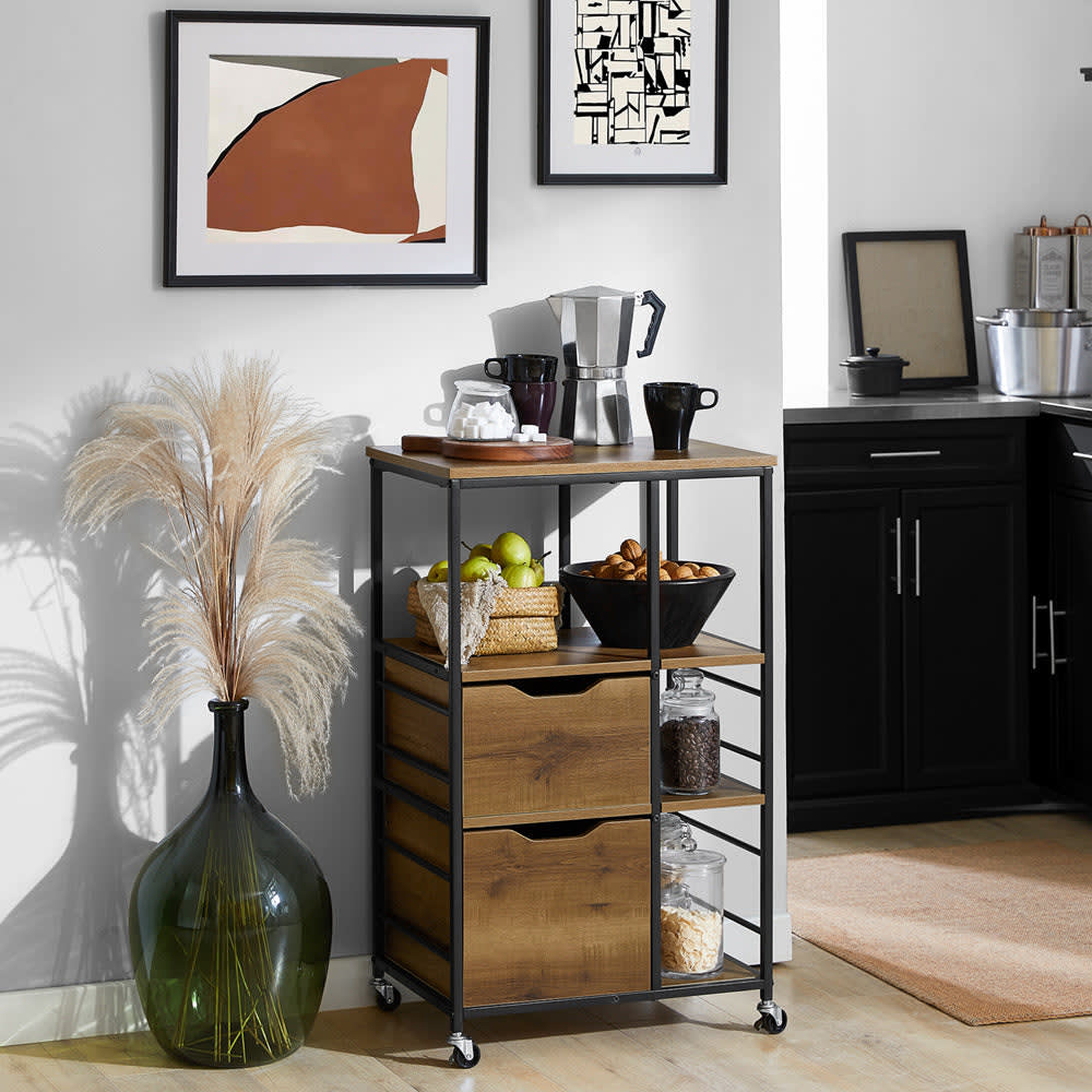 SoBuy Desserte en bois à roulettes cardre en métal avec 2 tiroirs Marron 53x89x37cm
