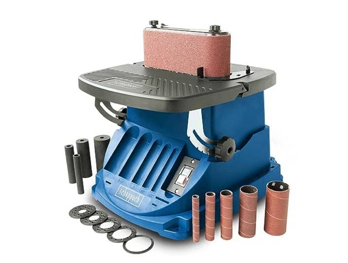 Scheppach Ponceuse Oscillante OSM600 Puissance 450W Broche Ø13/19/26/38/51mm Inclinable jusqu'à 45° Table en aluminium Course d'oscillation de 16 mm 5 Manchons abrasifs inclus