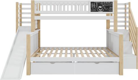 Hausbett 140x200cm und 90x200cm Kinderbett (ohne Matratze) Etagenbett mit Graffiti-Brett Treppe Aufbewahrungsschraenken mit Schubladen Weiss Holzfarbe