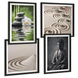 BILDER SET 4er Set - 50x50 cm & 40x60 cm Schwarzer Rahmen - Ein entspannter Buddha am Strand