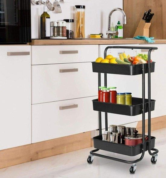 Drielaags opbergwagen met wielen voor de keuken of badkamer - Zwart