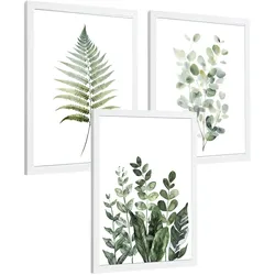 POSTER 3er Bilder-Set Wandbilder Botanisch Grün modern Wohnzimmer Deko, Schlafzimmer, Küche, Badezimmer Weißer Rahmen A3