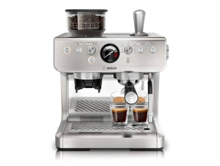 Bosch HomeCafé Siebträger- und Kaffeemaschine Serie 4, PFE401C3, Edelstahl Integriertes Mahlwerk 58-mm-Profi-Siebträger 30 Mahlgrade 5 Direktwahl-Optionen 4 Siebe und PID-Temperaturregelung
