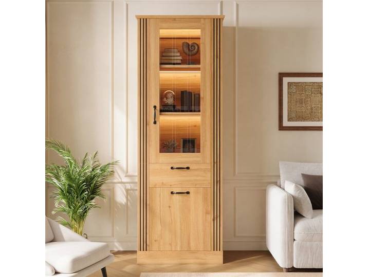 Meuble Vitrine Haut - Buffet avec 2 portes - LED RGB - 1 Tiroir et Rangement Fermé - Vitrine d'Exposition - Bois Naturel