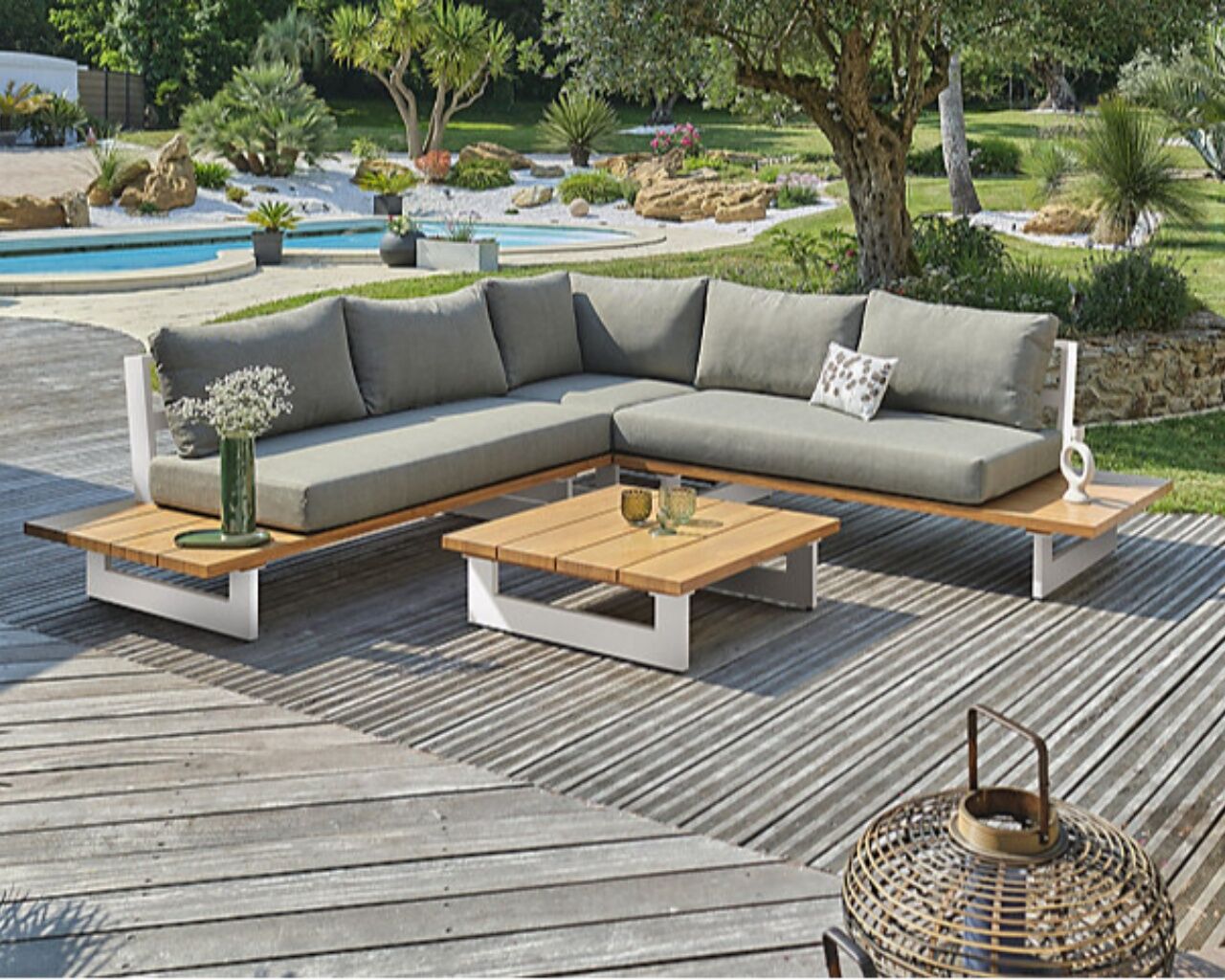 Paris Garden Salon de jardin bas d'angle LAVEZZI 5 places aluminium et bois blanc DCB Garden