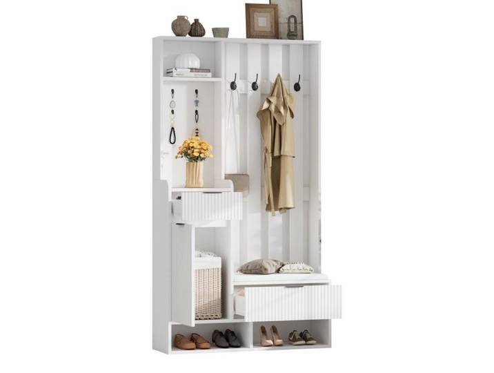 Meuble Entrée Blanc 100cm 6en1-Porte-manteau 8 Crochets Banc Chaussures Étagères Tiroirs Anti-basculement-Rangement Pratique