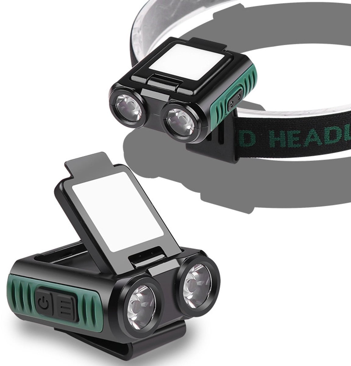 USB-oplaadbare LED hoofdlamp met clip voor sport en kamperen, zwart