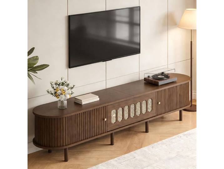 Meuble TV - PAGE LIVING - Meuble TV ovale 180x40x40 - Noyer rotin - 5 compartiments - Jusqu'à 80 pouces